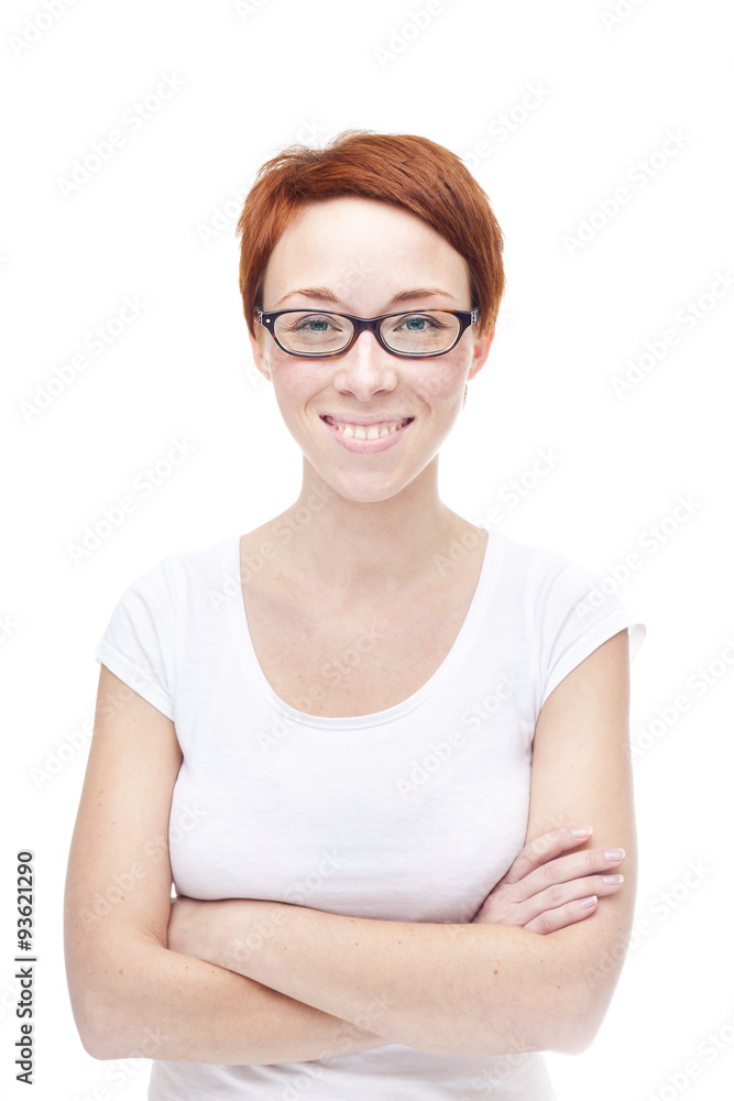 Smiling red head woman on white background Smiling red head woman on white background