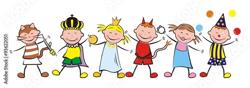six happy kids and carnival, vector illustration