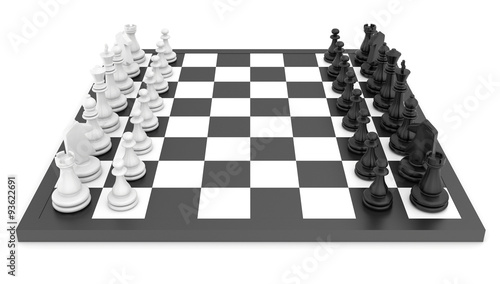 Foto Chess pieces standing on black white chessboard