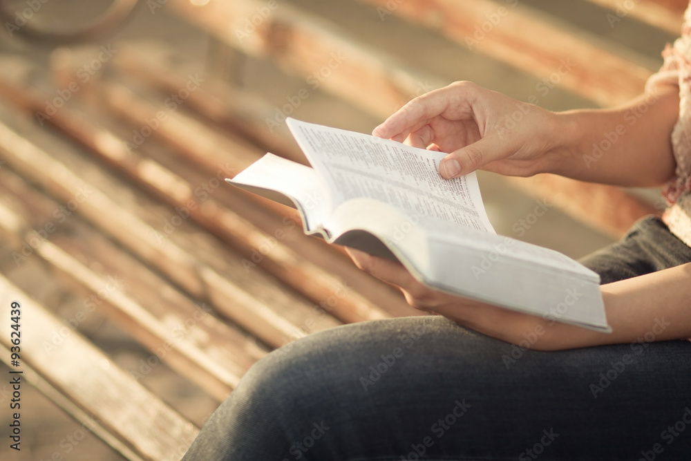 Naklejka premium young woman with a book in the park