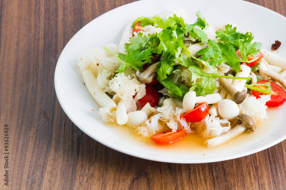 Mushroom spicy salad on the wood background - Vegetarian Food Mushroom spicy salad on the wood background - Vegetarian Food