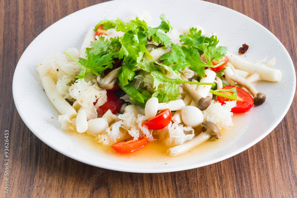 Mushroom spicy salad on the wood background - Vegetarian Food Mushroom spicy salad on the wood background - Vegetarian Food