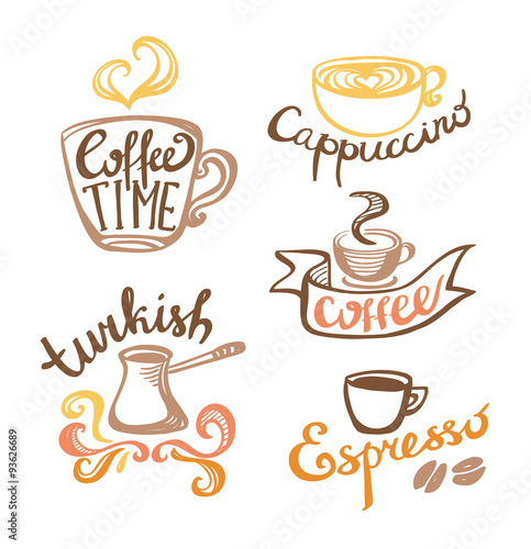 Coffee hand drawn Labels. Logo template collection. Vector icons.