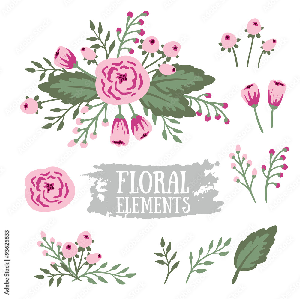 Hand Drawn vintage floral elements. Set of flowers. You can make your vintage floral bouquet!