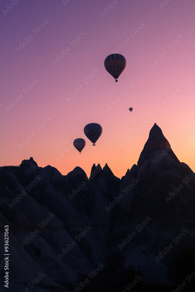 Hot air balloons in Cappadocia, Turkey, at sunrise
