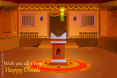 Indian house decorated with diya in Diwali night
