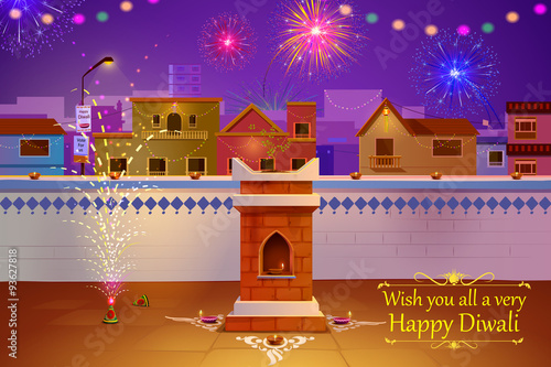 Indian house decorated with diya in Diwali night