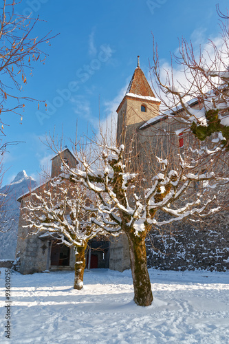 Snow-covered trees in front of the castle of Gruyeres
