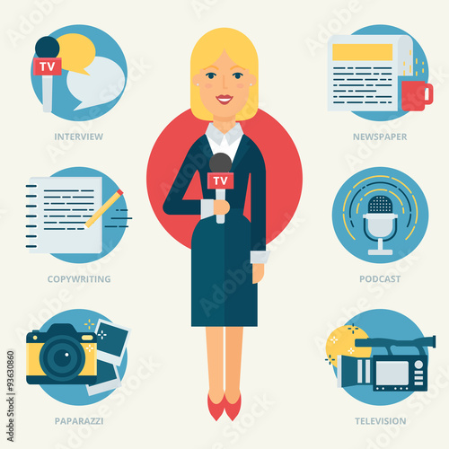 Profession: TV reporter, Journalist. Vector illustration, flat s