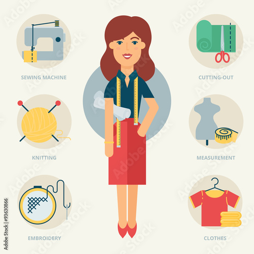 Profession: Designer, Seamstress. Vector illustration, flat styl