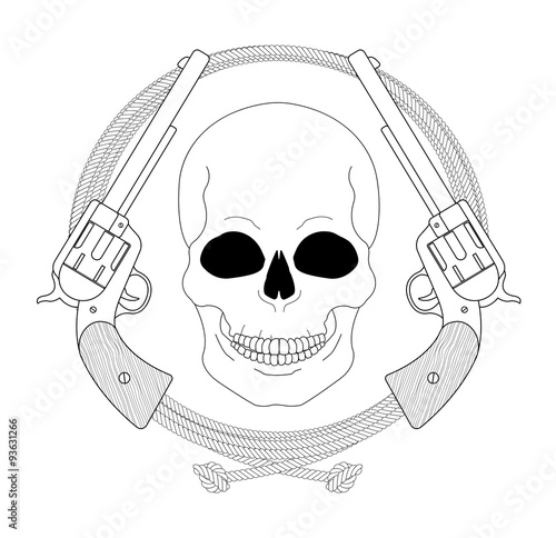 Wild west emblem. Skull and pistols in lasso frame. Contour