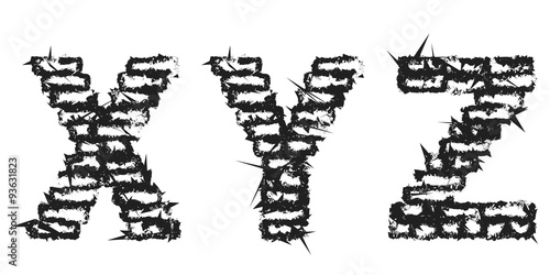 High detailed black empty decorative aggressive brick styled vintage font. Letters X, Y, Z. Vector illustration