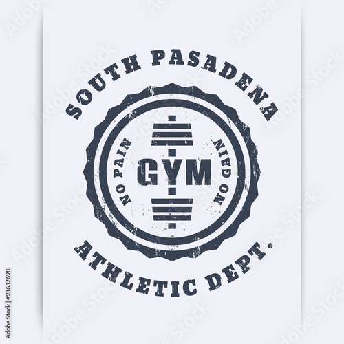 Round vintage gym logo, emblem, t-shirt design, print, with grunge texture, vector illustration