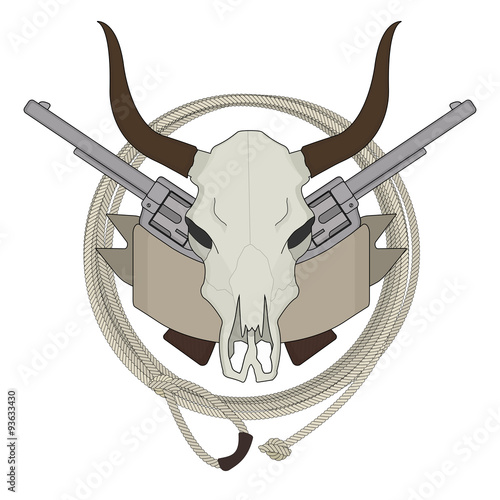 Wild west cow skull, pistols, ribbon, lasso logo. Color