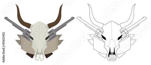 Wild west cow skull, pistols, ribbon logo. Color. Contour