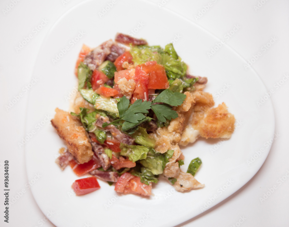 salad with breading cheese, vegetableas and sausages salad with breading cheese, vegetableas and sausages