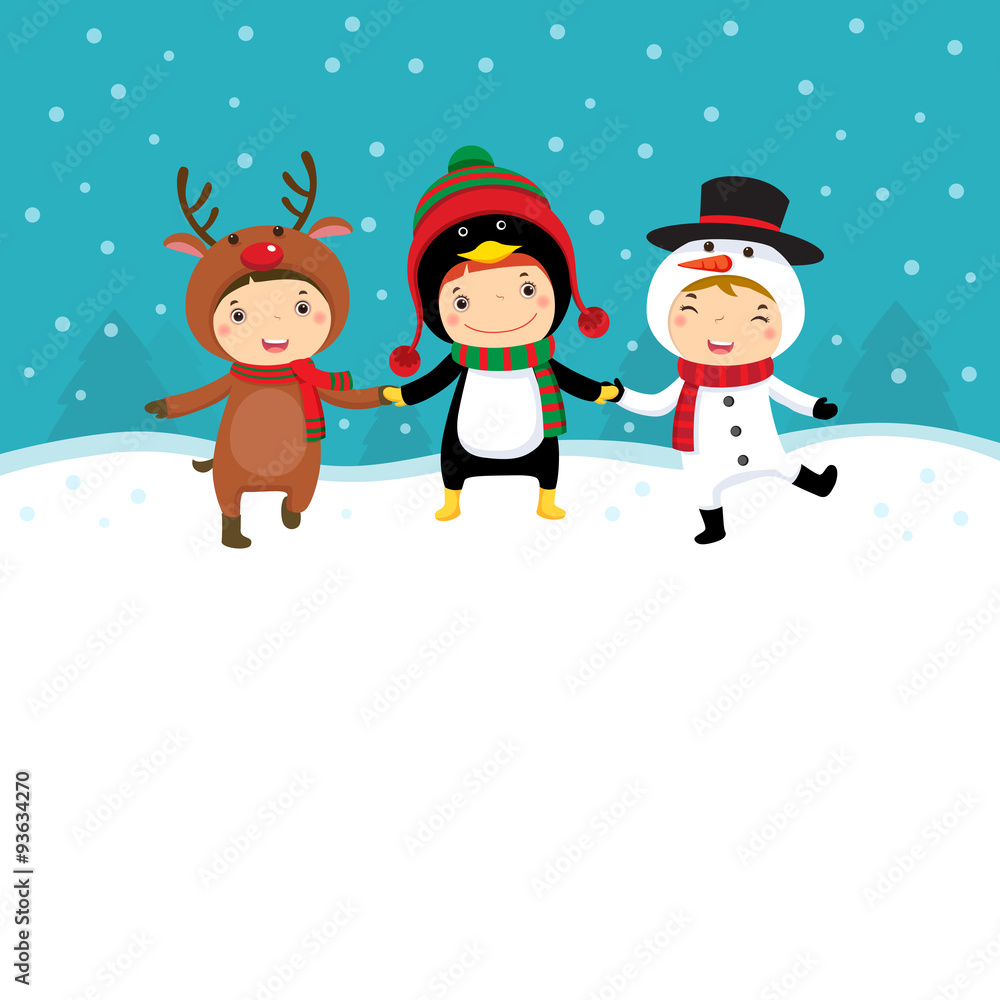 Happy kids in Christmas costumes playing with snow Happy kids in Christmas costumes playing with snow