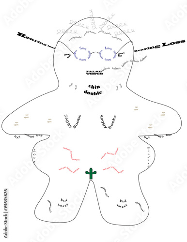 Old woman, age afflictions, ailments, illustration