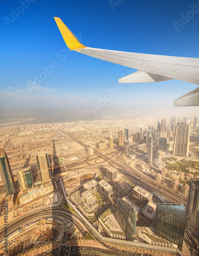 Cityscape of Dubai from aeroplane window