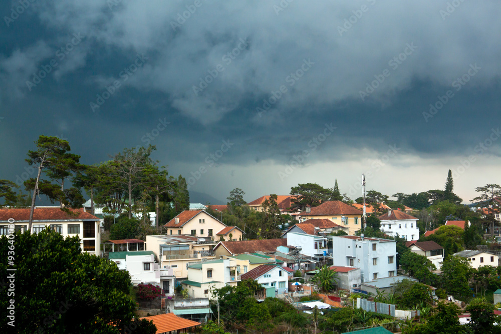 Panoramic view of Dalat city in rainy weather
