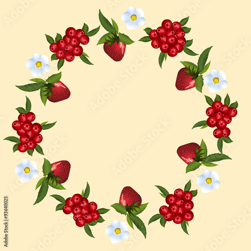 frame of strawberries and cranberries with green leaves