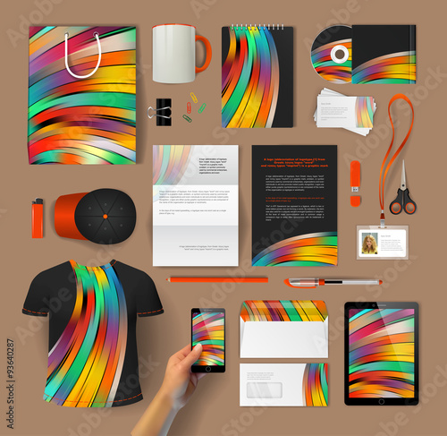 Corporate identity templates: blank, business cards, disk, envelope, smartphone, pen, badge, cup, brand-book, tablet PC, badges, T-shirt, cap, envelope, letter form, scissors, lighter, USB flash drive