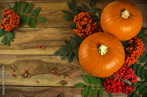 pumpkins, rowan berries and leaves on wooden background