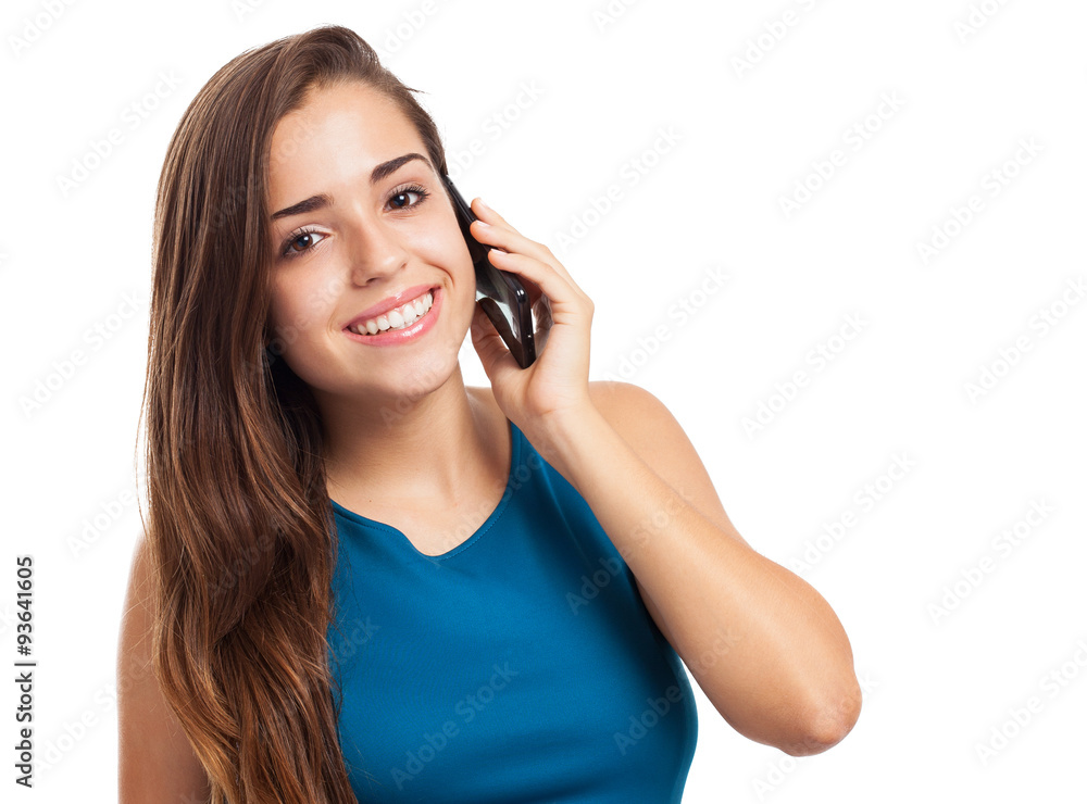 portrait of pretty young girl talking on telephone over abstract portrait of pretty young girl talking on telephone over abstract