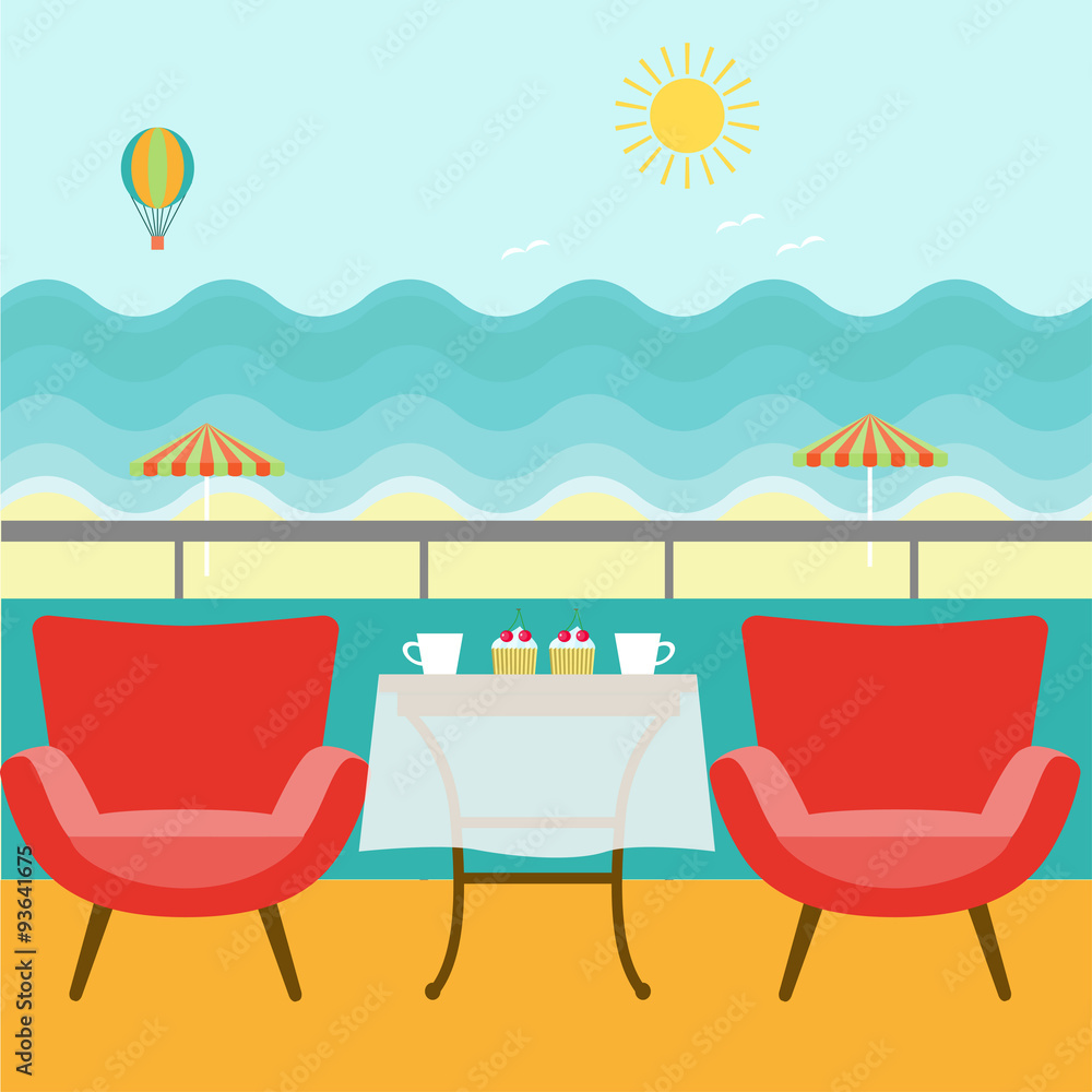 flat balcony, sea, chairs, cupcakes. vector illustration flat balcony, sea, chairs, cupcakes. vector illustration