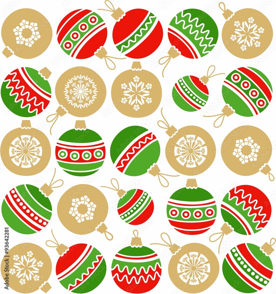White background, Christmas toys, Golden balls, red, green, seamless. 