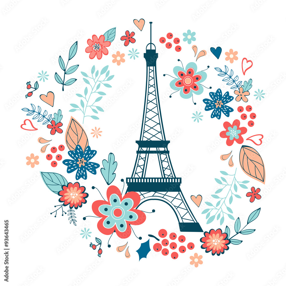 Concept love card with Eiffel tower and floral wreath