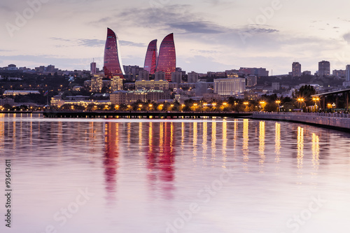 View of the waterfront and the city at night, in Baku, Azerbaija photo