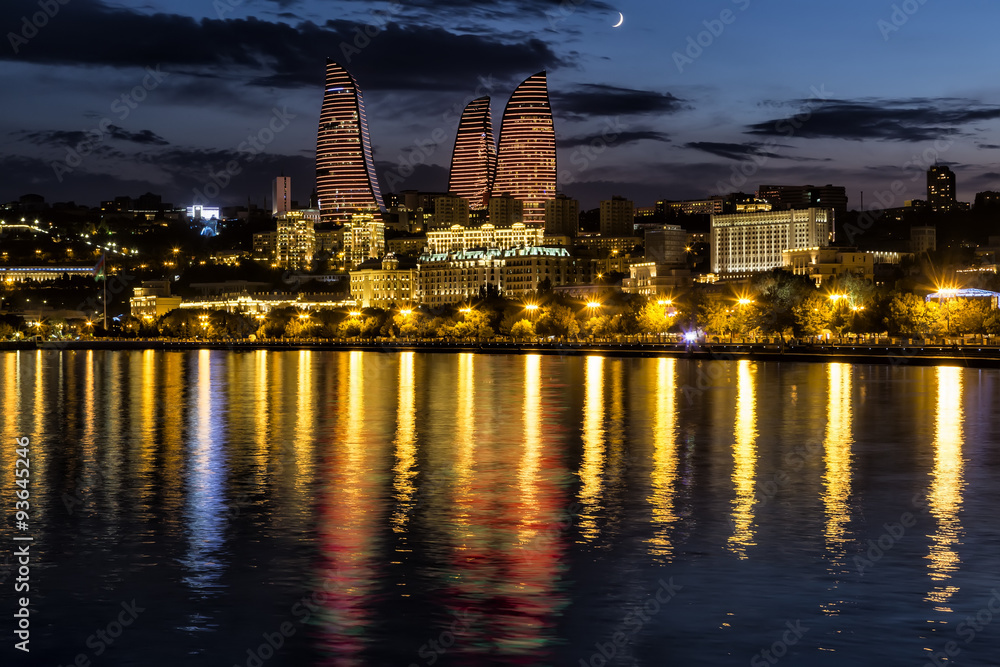 Fototapeta premium View of the waterfront and the city at night, in Baku, Azerbaija