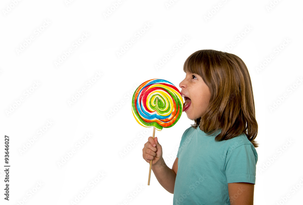 child eating big lollipop candy isolated on white background in children love sweet sugar concept and dental health care concept