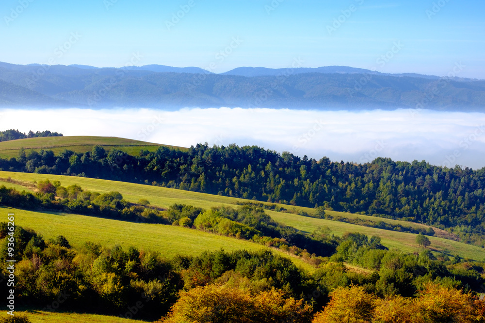 Landscape view of colorful meadows and hills in fall, Slovakia