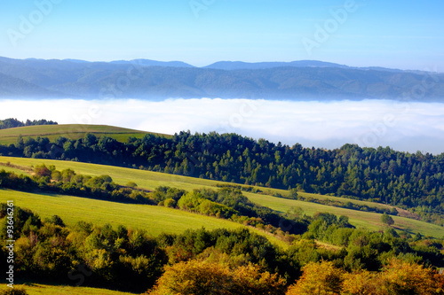 Landscape view of colorful meadows and hills in fall, Slovakia