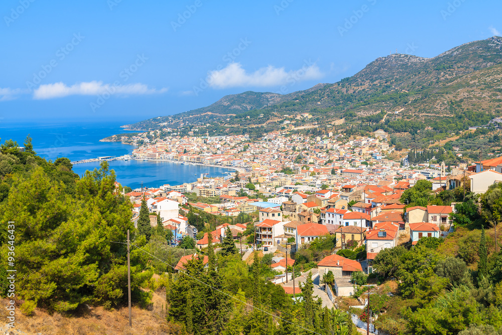 A view of Samos town which is located in beautiful bay on coast of Samos island, Greece