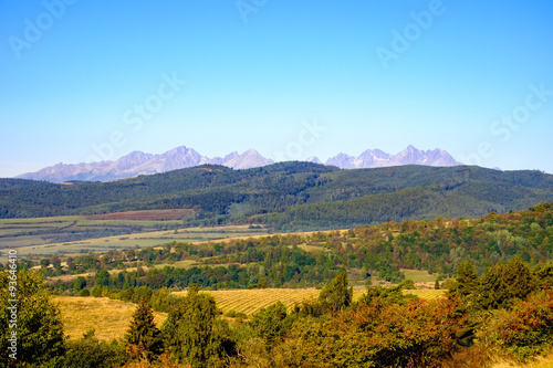 Landscape view of mountain range and autumn colorful hills, Slov