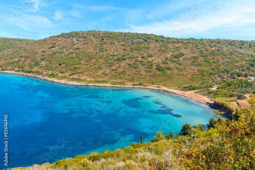 Idyllic bay with beautiful beach on coast of Samos island, Greece