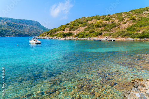 Crystal clear water of sea bay on coast of Samos island, Greece