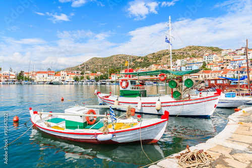 Traditional colourful Greek fishing boats in Pythagorion port  Samos island  Greece