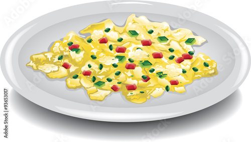 Illustration of a plate of scrambled spanish eggs.