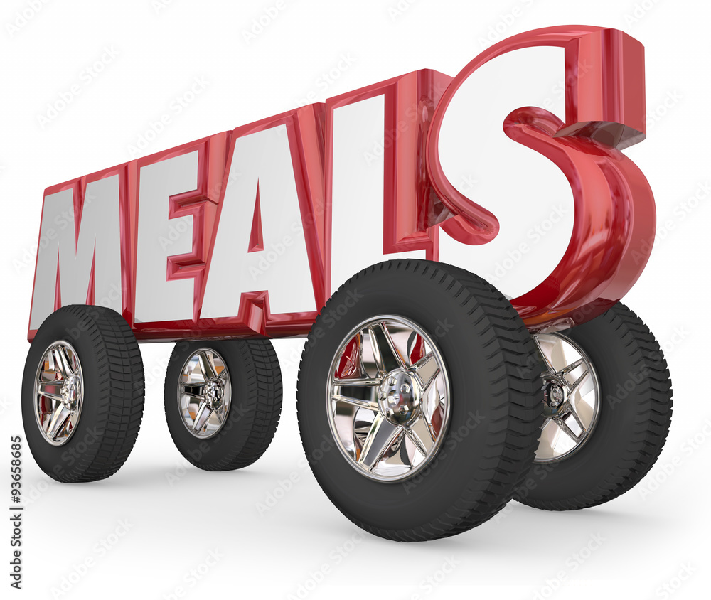 Naklejka premium Meals Word on 3d Wheels Food Delivery Charity Service