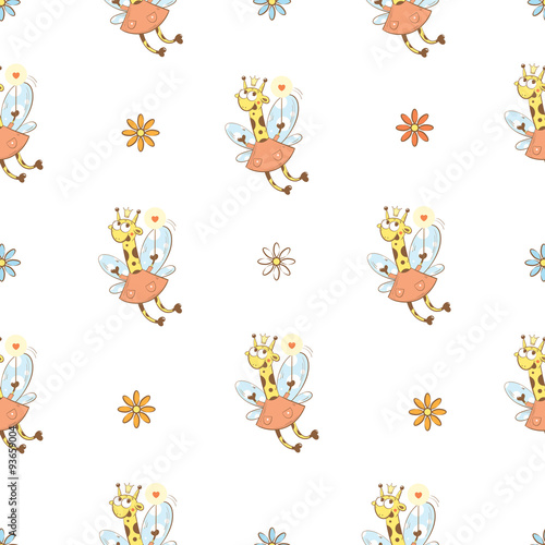 Vector seamless pattern with fairies giraffes and flowers on a white background.