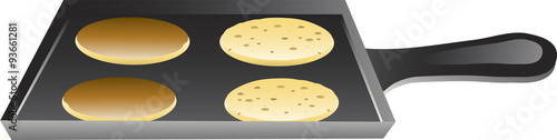 Illustration of pancakes cooking on a skillet.