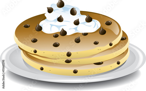 Illustration of chocolate chip pancakes with whipped cream.