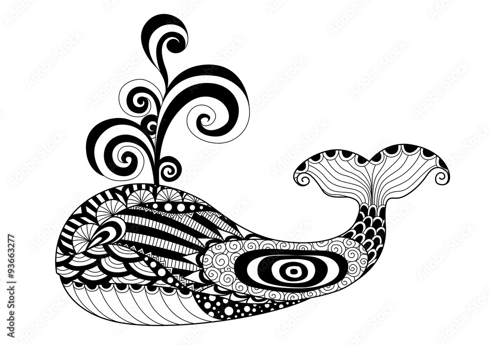 Obraz premium Hand drawn zentangle whale for coloring page, logo,pattern, tattoo and t shirt design effect