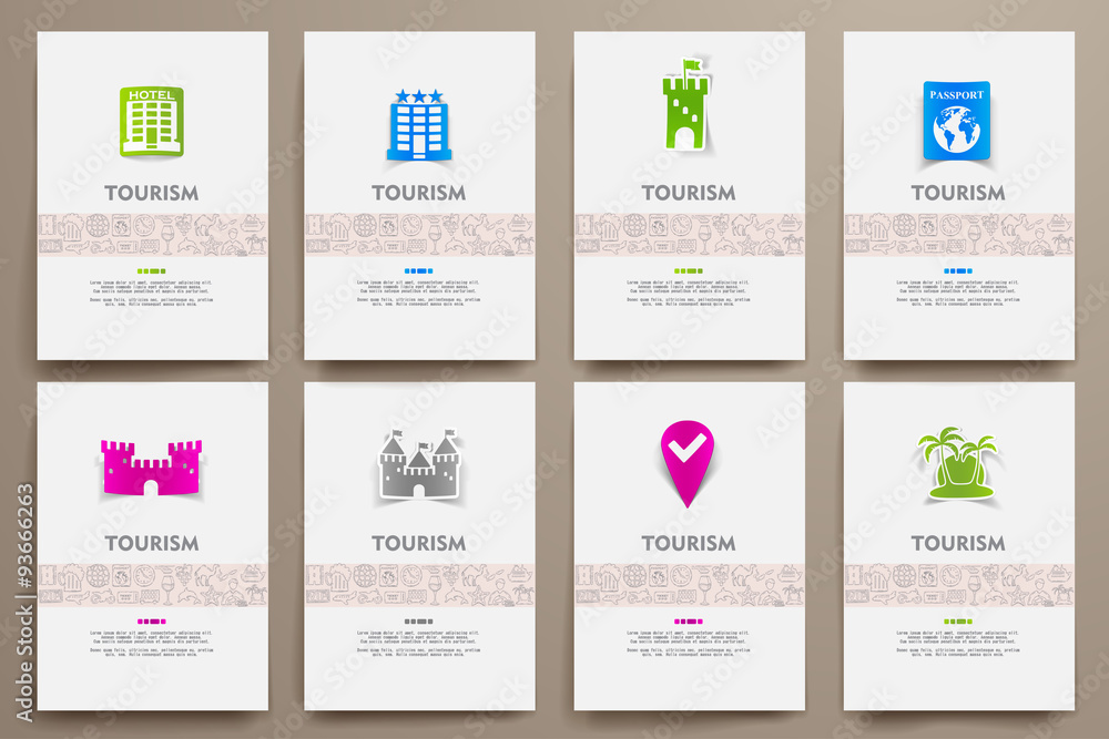 Corporate identity vector templates set with doodles tourism