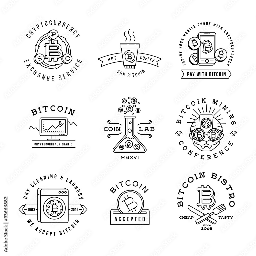Bitcoin logo templates set. Cryptocurrency badge collection Bitcoin logo templates set. Cryptocurrency badge collection