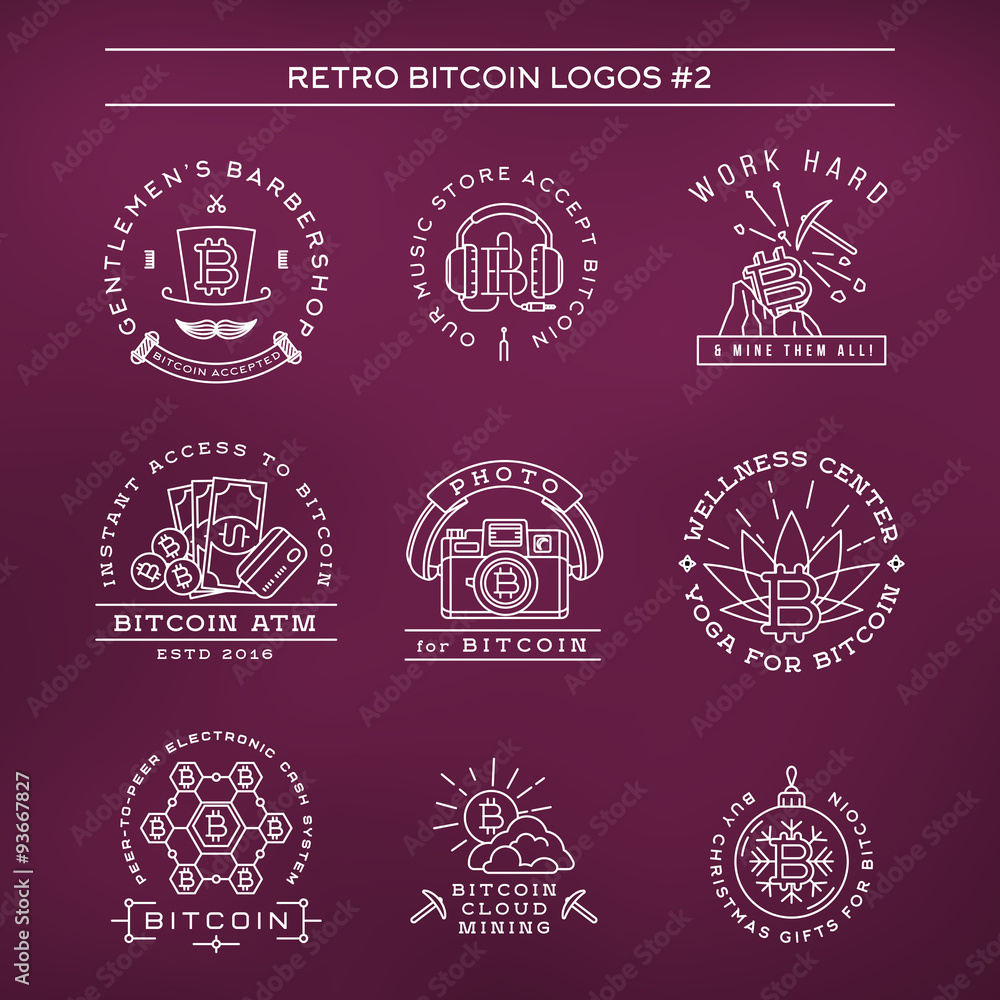 Bitcoin logo templates set. Cryptocurrency badge collection